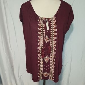 Lost Women's Size Large Sleeveless Peasant Embroidery Burgundy Top Boho